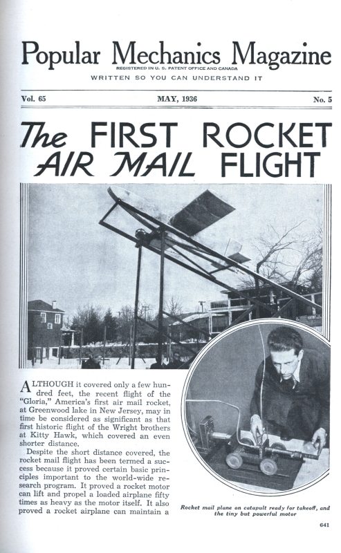 Первая ракетная почта США, журнал "Популярная механика", май 1936