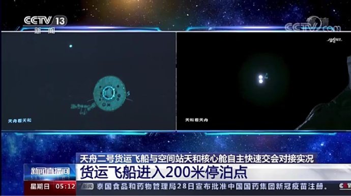 Сближение с "Тяньхэ" (слева) на экране Пекинского ЦУПа