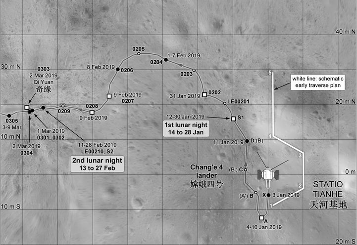 "Юйту-2". Альтернативная карта движения ровера за три первых лунных дня. Автор -- Phil Stooke.