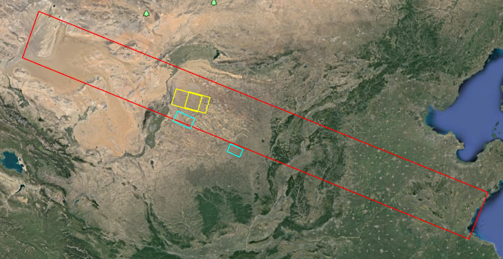 Закрываемые районы под обычный пуск CZ-2F (показаны желтым) и под состоявшийся 4 сентября 2020 г. (голубым).